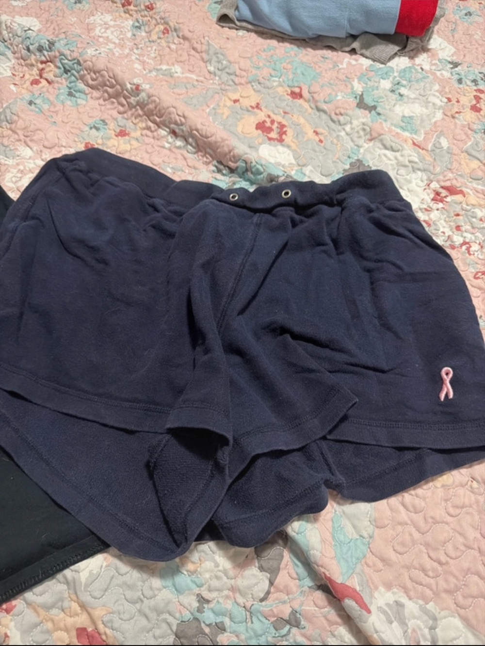 Women’s Navy Blue Lounge Shorts with Pink Ribbon Detail